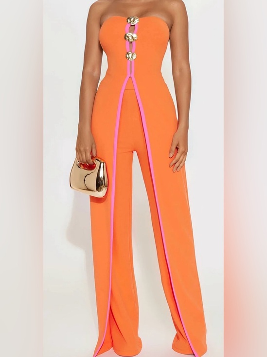 Fashion Nova Pants - Fashion Nova Orange Wide-Leg Jumpsuit with Pink Trim